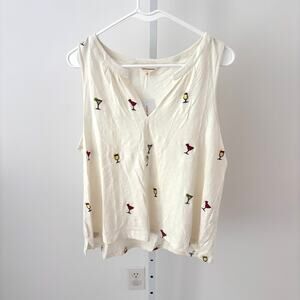Lucky Brand NWT Women's Embroidered Martini Glass Off-White Tank Top Size L
